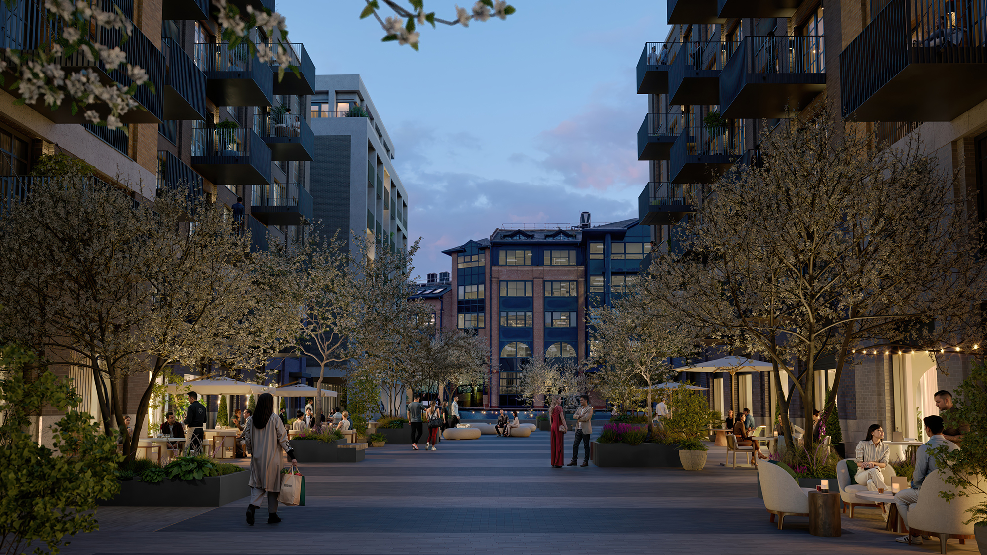 Development courtyard at dusk