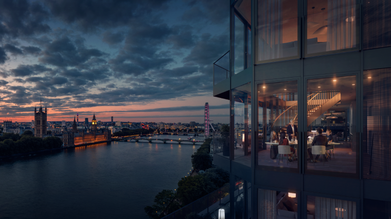 London River Thames with the Palace of Westminster and riverside residential architecture.